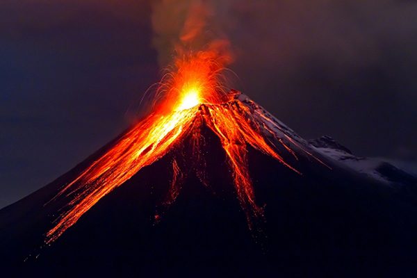 15897662 - tungurahua volcano eruption at night, with snow, ecuador